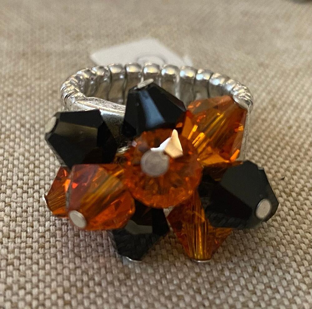 Orange & Black Glass Bead Stretch Ring